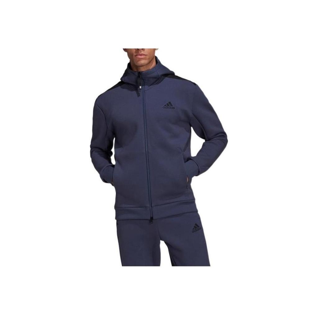 Adidas Однотонная куртка с капюшоном и аппликацией логотипа на молнии, мужские топы, синие HC5780
