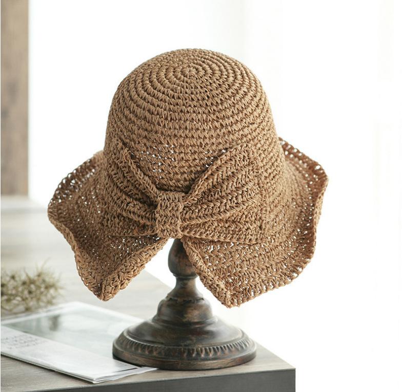 100% Рафия Бант Солнечная Шляпа Широкие Поля Мягкие Шляпы Женщины Пляжная Панама Соломенная Купольная Шляпа-Ведро