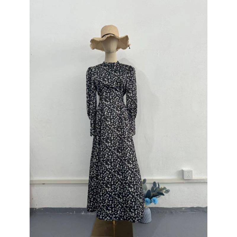 Gentle Loose Tie Floral Satin Long Sleeve Long Dresses