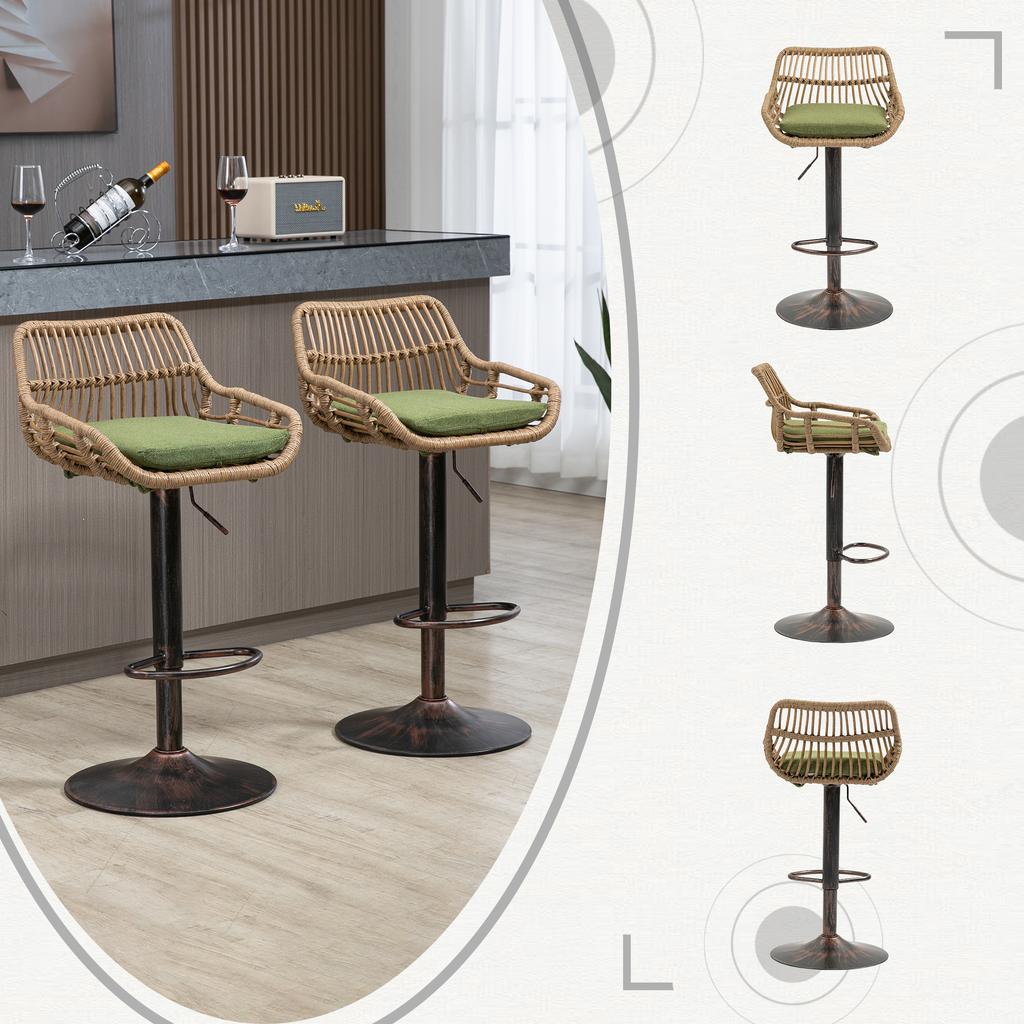 360-degree swivel, height-adjustable bar stools made of rattan, set of two modern bar stools, suitable for kitchens, dining rooms and bars. (Green)