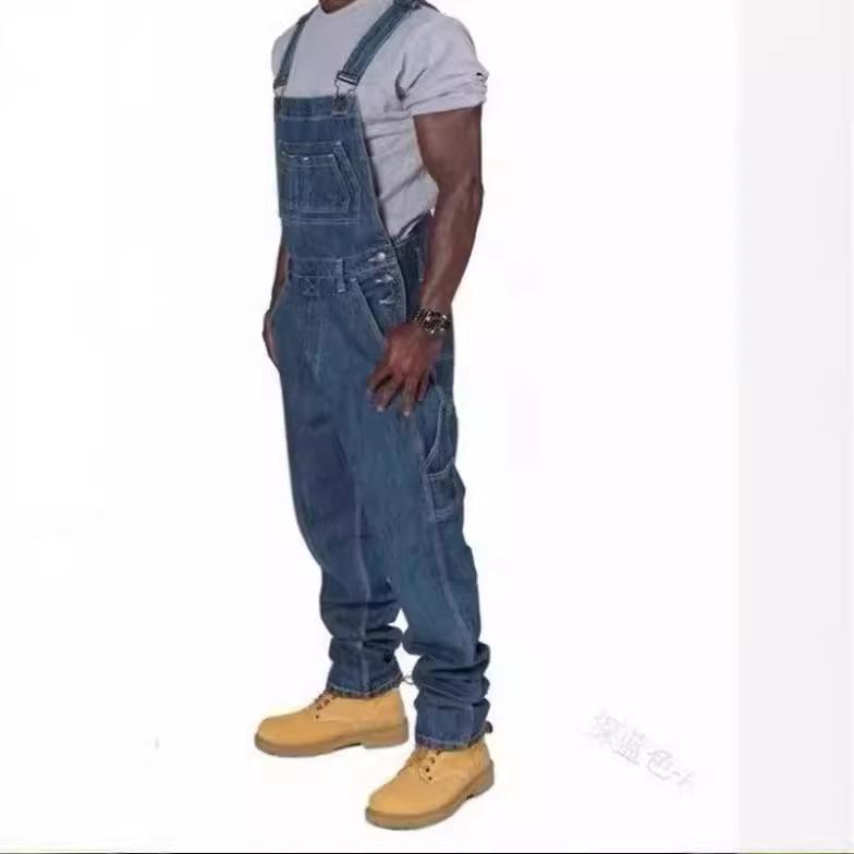 Мужской трансграничный джинсовый комбинезон с множеством карманов - Рабочий комбинезон темно-синего/светло-синего цвета