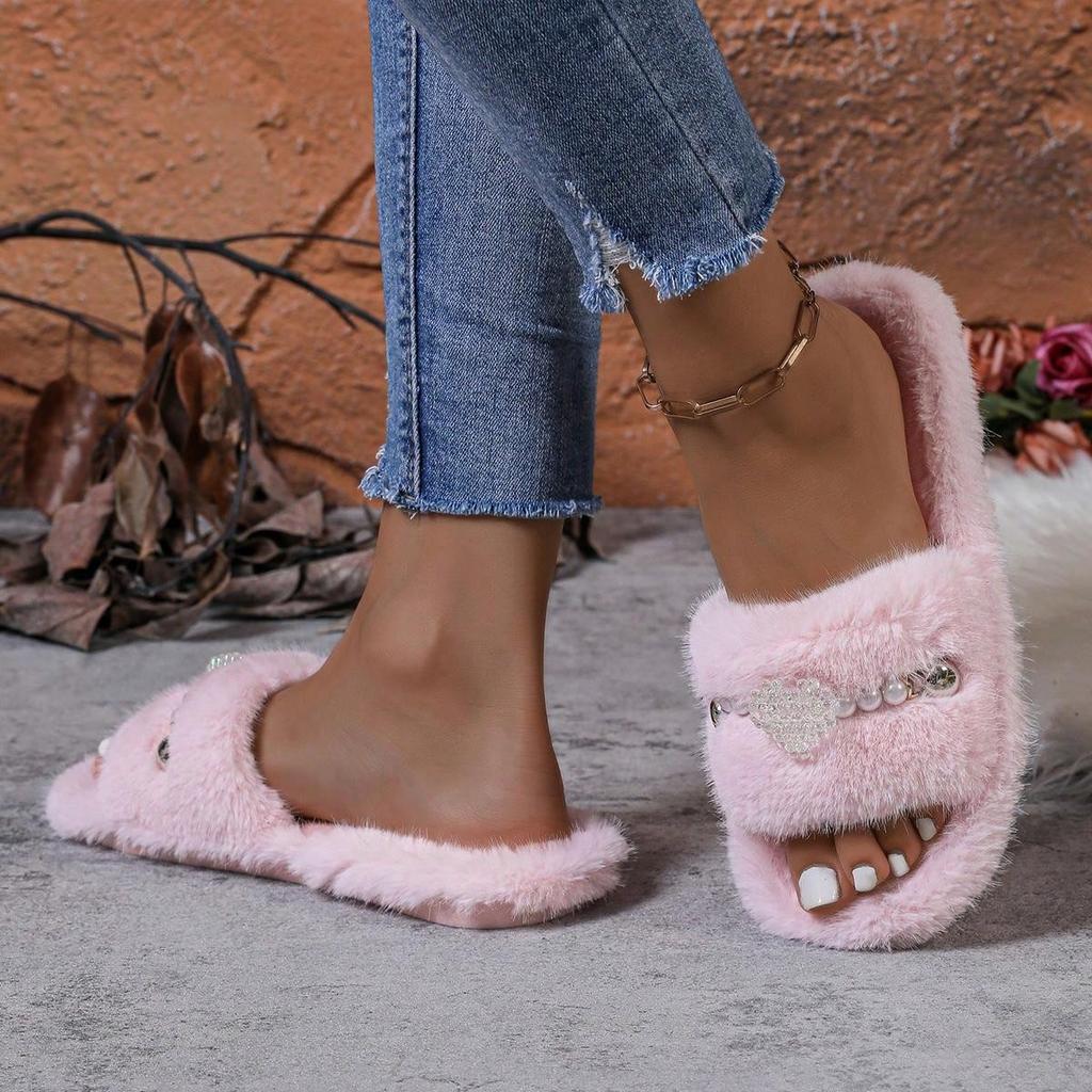 Fashion Slippers Women Basic Daily Flat Low Heels Leisure Women Shoes Slip On Fur Plush String Bead Pearl Winter Shoes Plus Size