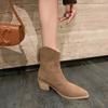 Мода 2025 Осень Замша Коровья Женская Обувь Острый Носок Массивный Каблук Сапоги для Женщин Модные Короткие Сапоги Зимние Сапоги Женские Западные туфли