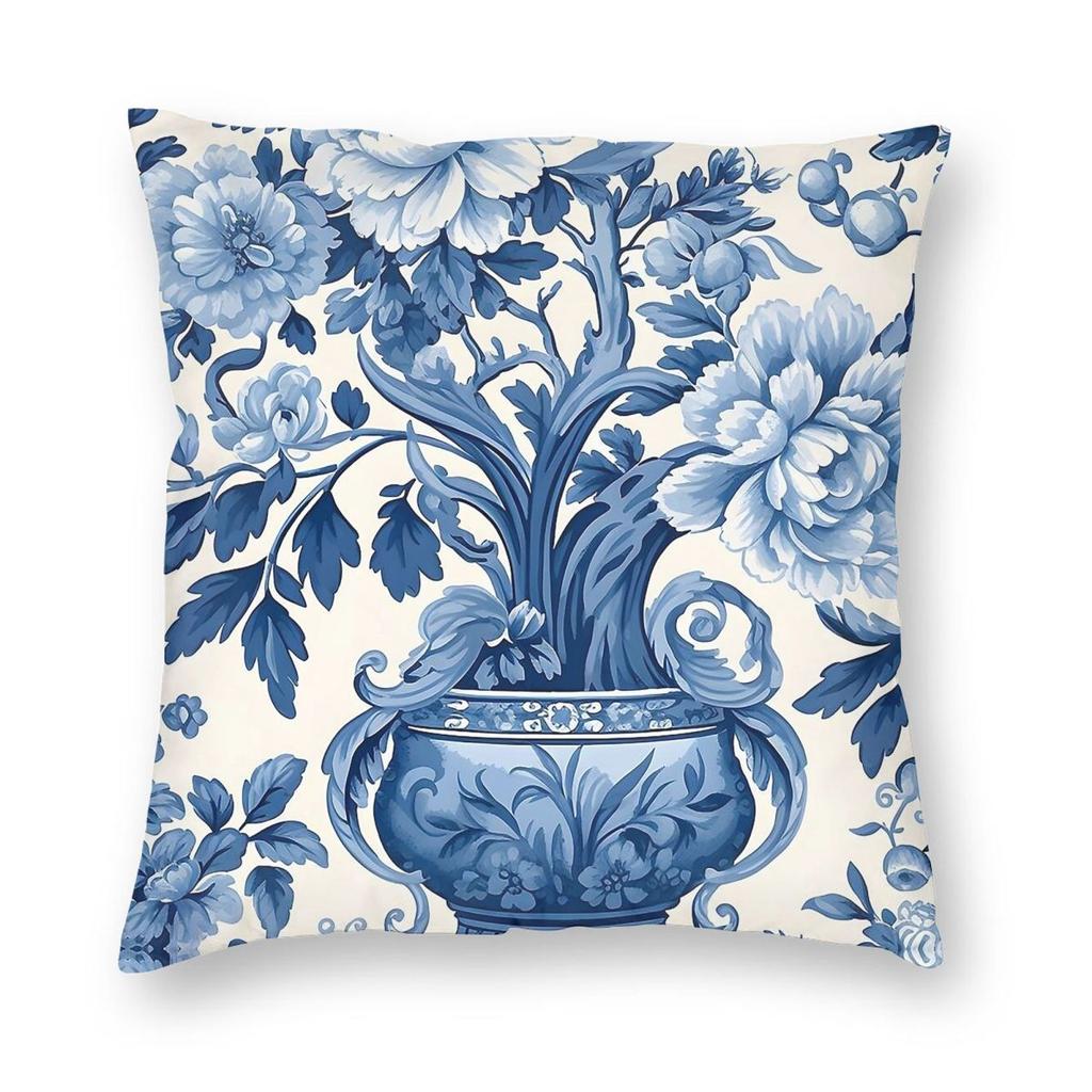 Blue And White Chinoiserie Square Pillowcase Polyester Linen Velvet Creative Zip Decor Pillow Case Room Cushion Cover