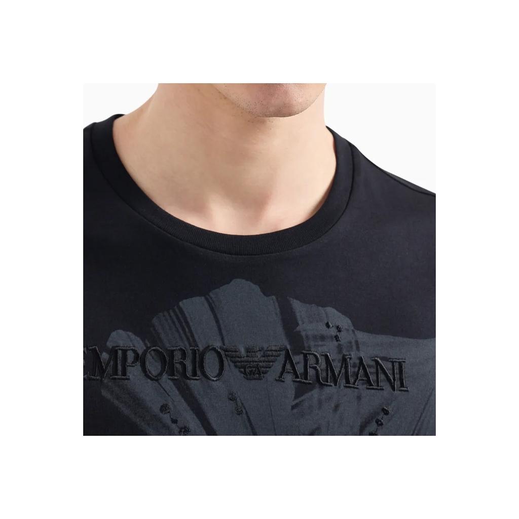 Emporio Armani SS24 Логотип Растительный узор Печатная футболка с круглым вырезом Повседневная с коротким рукавом Мужские топы Черный 3D1T6U-1J7FZ-10069