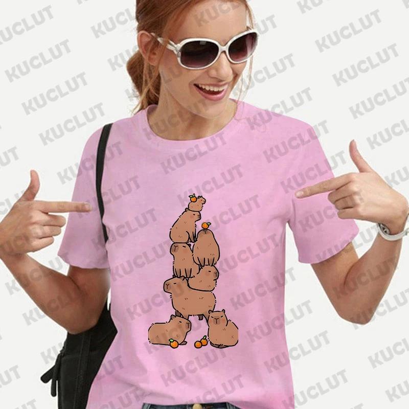 Cute Capybara Anime Women's T-shirt Casual Ulzzang Short Sleeve Tees Cartoon Graphic Y2K Tops Female Blouse Aesthetic Clothing