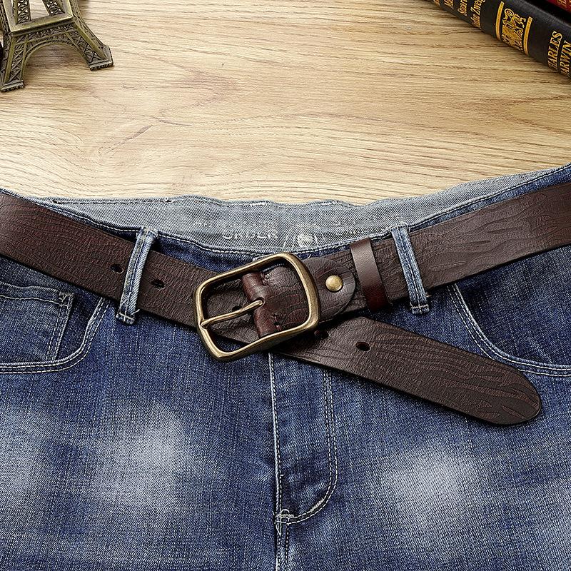 Ремень мужской из натуральной кожи с латунной пряжкой, ретро-тиснением первого слоя, ремень из натуральной коровьей кожи, японская пряжка, ручная работа, необработанный край, светлый низ, джинсовая ткань