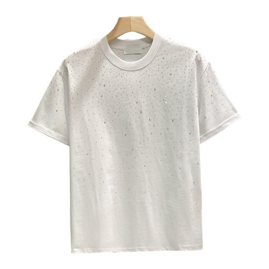 Летняя мужская футболка с декором из стразов, круглый вырез, свободный чистый цвет, пуловер с короткими рукавами, повседневная повседневная одежда средней длины, спортивный топ