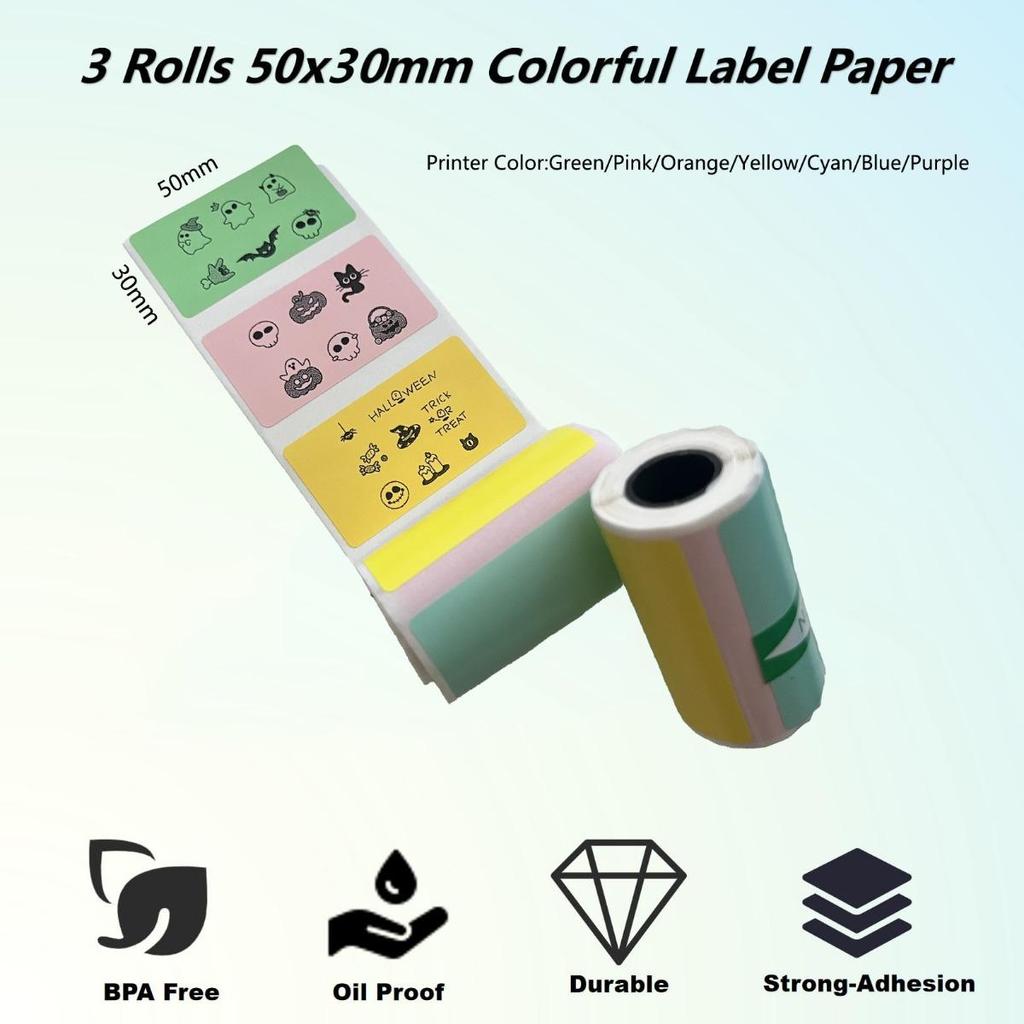 56x30mm Color Label Sticker Printing Paper,7 Colorful Continues 52x30mm Labels, BPA Free,Waterproof,Oil-proof,Long-term Storage,Tear-resistance