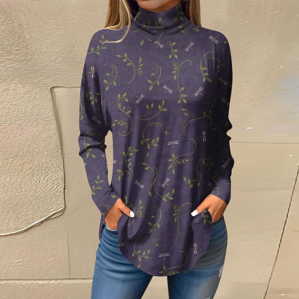 Футболки для женщин, осенние повседневные рубашки с длинными рукавами, толстовка с винтажным принтом, топ с высоким воротом, пуловер