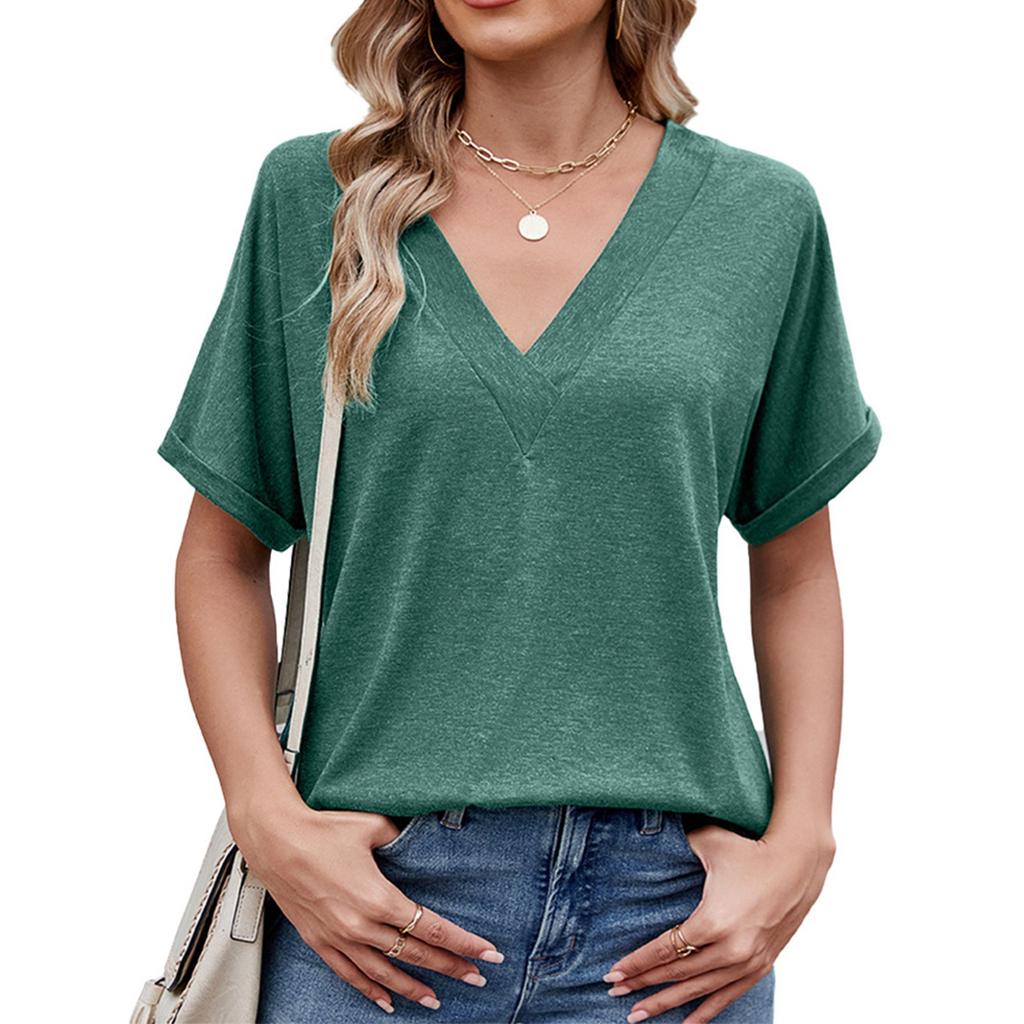 Женские однотонные свободные футболки с короткими рукавами и большим V-образным вырезом — модные и универсальные