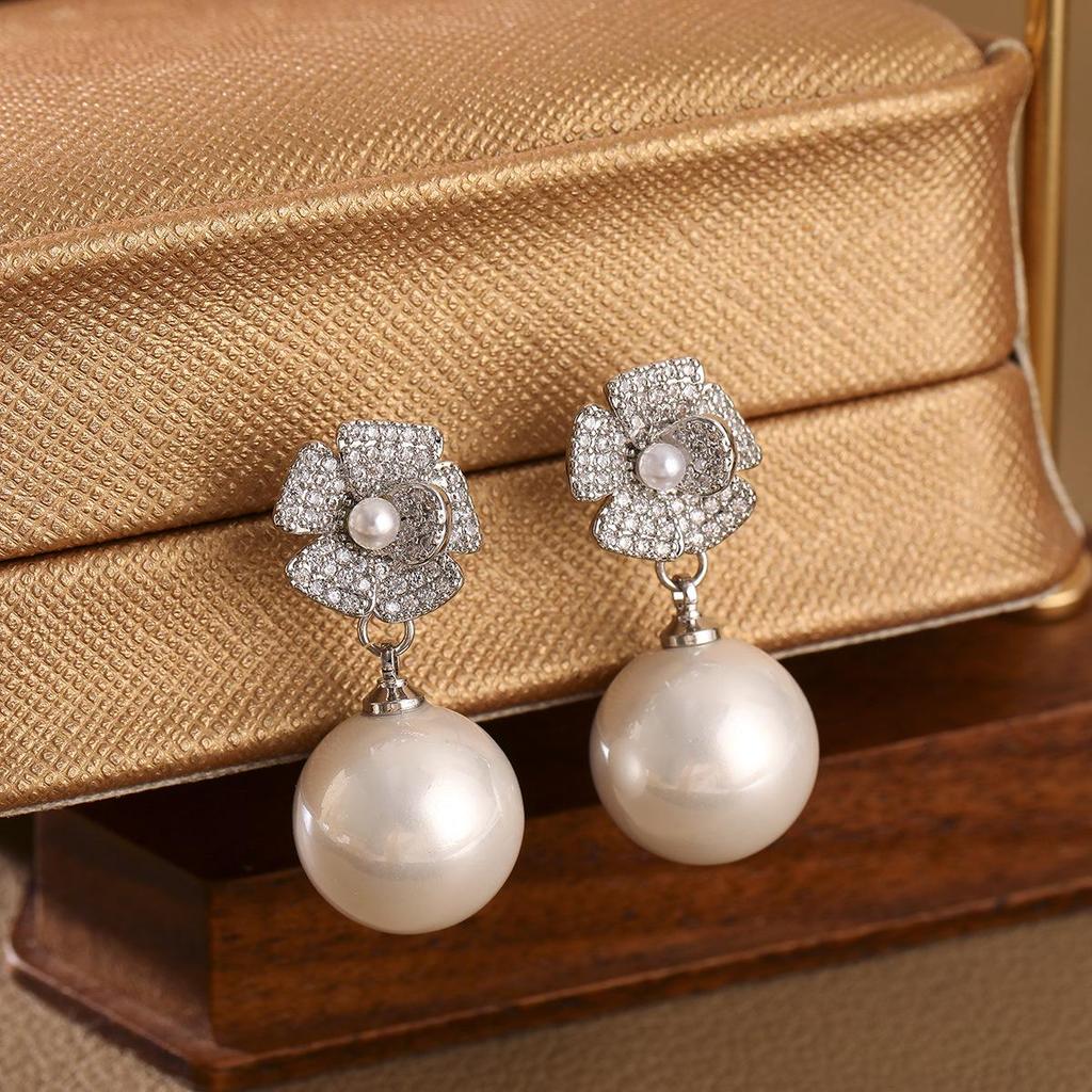Elegant French Flower Pearl Zircon Stud Earrings in S925 Silver – Luxury High-End Women's Jewelry