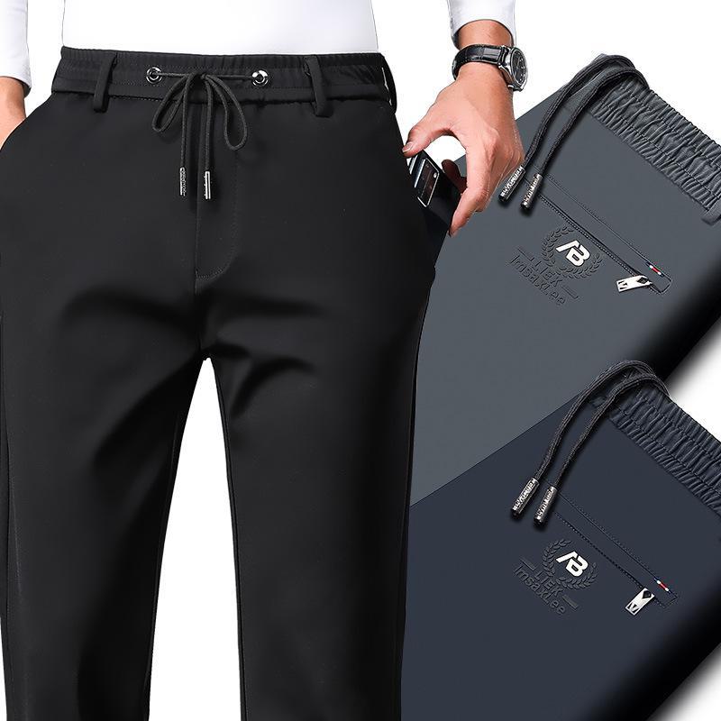 Men's Autumn/Winter Straight-Leg Stretch Pants - Thick, Elastic Waist, Loose-Fit Sports Trousers with Print