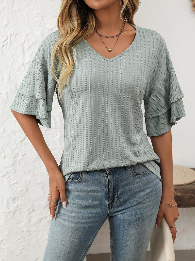 Women's 2025 V-Neck Ruffled Sleeve Short Sleeve T-Shirt, Solid Color Casual Summer Blouse with Flowy Hem for Daily & Vacation Outfits