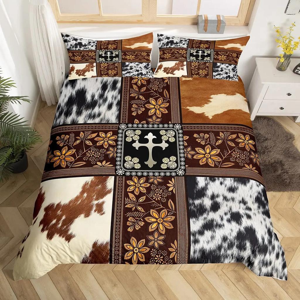Пододеяльник с коровьим принтом Queen Vintage Floral Комплект постельного белья для девочек, мальчиков, мужчин, в стиле вестерн, фермерское животное, бычья шкура, одеяло