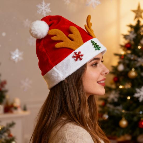 Christmas Hat Children Red Velvet Santa Hat with Cartoon Antler Pattern Decoration Festive Holiday Party Supplies