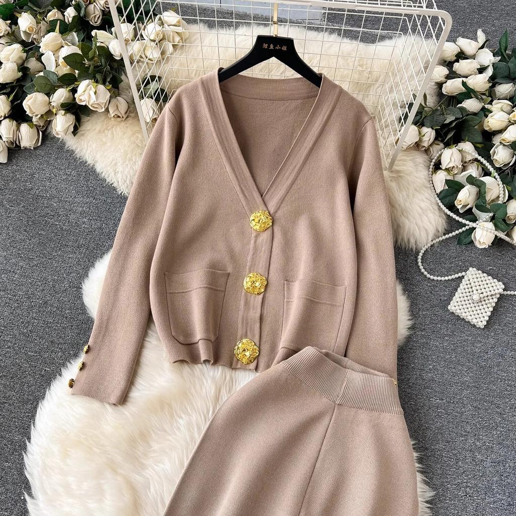 Осень-зима, кардиган с золотыми пуговицами и V-образным вырезом, карманы, вязаные свитера + широкие брюки, спортивные костюмы, длинный комплект из двух предметов