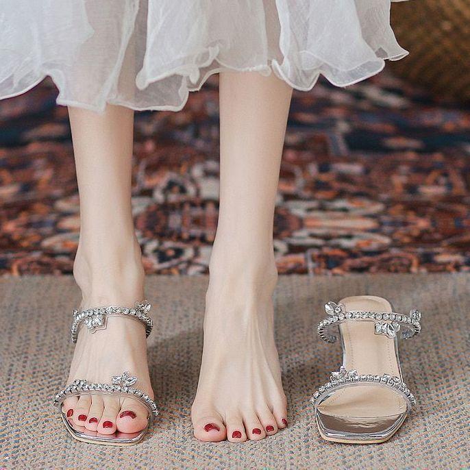 Большие размеры, стиль феи, универсальные женские сандалии, весна 2024, открытый носок с юбкой, кристально-прозрачные, со стразами, классные тапочки