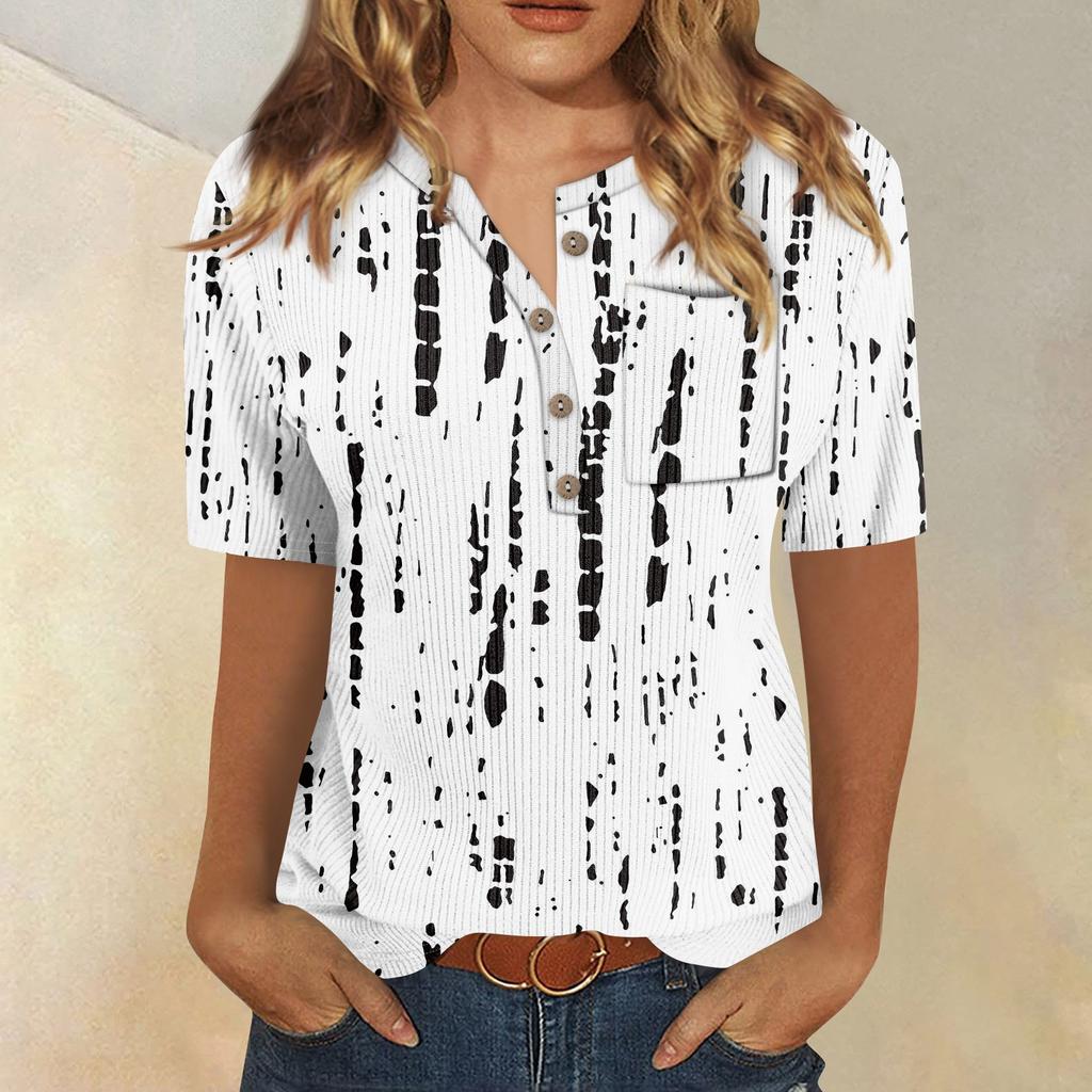 Футболки для женщин, плиссированные, с V-образным вырезом, нарядные, повседневные блузки с принтом, короткие рукава, летние топы, свободный крой