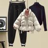 Women's   Fashion Three-piece Suit Winter  Down Cotton-padded Jacket, Padded Jacket, Thick Sweater, Casual Sweatpants
