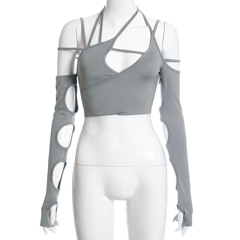 Европейский и американский летний новый женский однотонный женский топ с подтяжками и открытым пупком и открытыми рукавами сзади