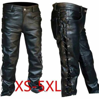 Мужские тонкие повседневные однотонные черные кожаные брюки на бретелях большого размера