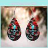 Halloween Themed Flower Skull Patterns Water Droplet Shaped Women Earrings For Party Dark