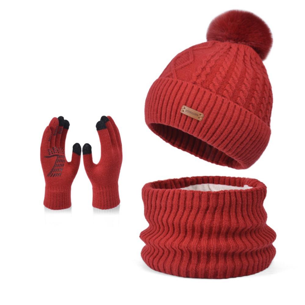 3pcs Solid Color Thermal Knit Cap Warm Winter Beanie Hat Soft Hat Scarf Gloves Set  Winter