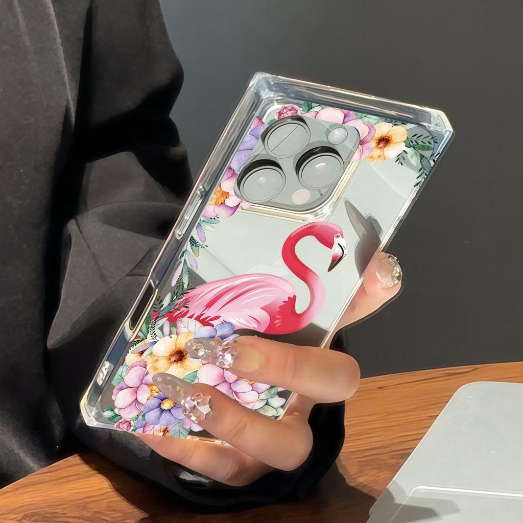 Прозрачный квадратный чехол-накладка для защиты iPhone 14 Pro Max 13 16 ProMax 15 Plus 11 12, защита от кислорода, чехол с узором лепестков и фламинго