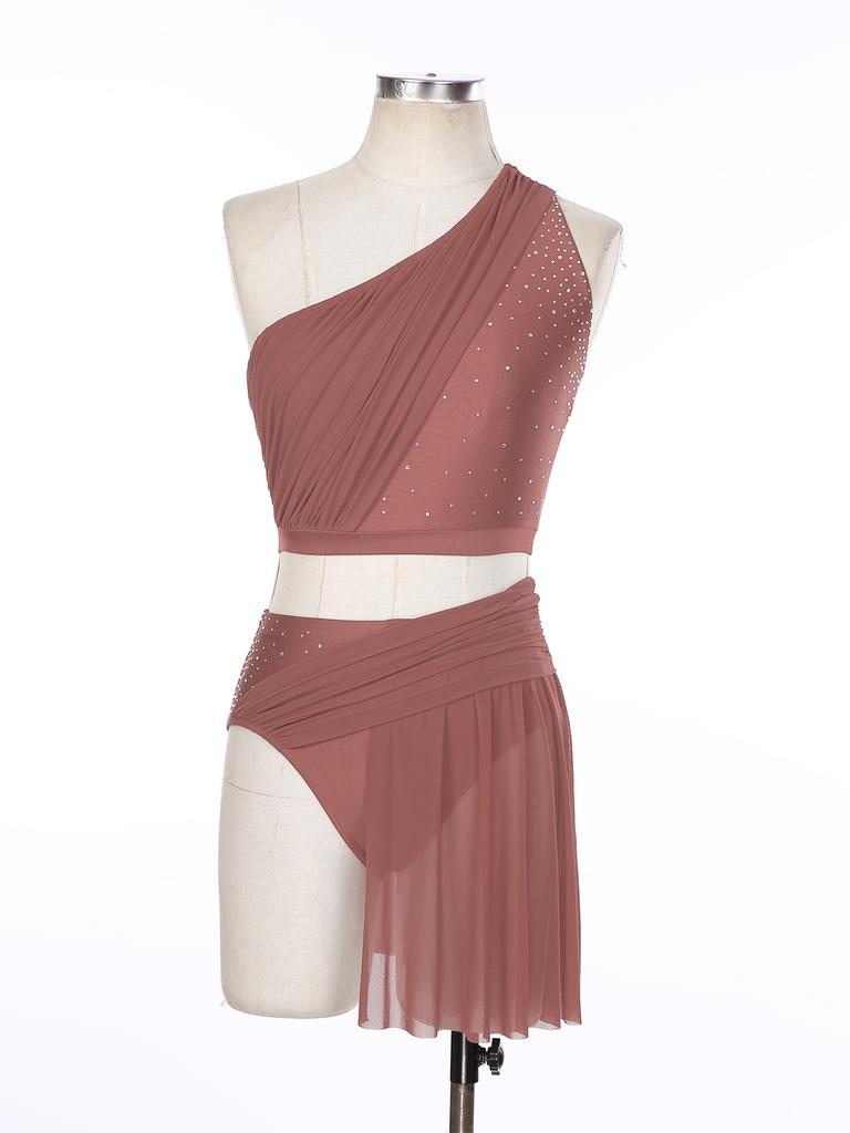 Женский лирический танцевальный костюм, укороченный топ на одно плечо с сетчатой юбкой, трусы, двухкомпонентный современный наряд