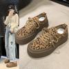 Leopard Print Women's Fashionable Suede Low Top Round Toe Lace Up Thick Soled Casual Board Shoes