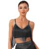 Womens Salsa Dance Top Latin Performance Wear V Neck Sleeveless Crop Top Crisscross Back Fringe Detail
