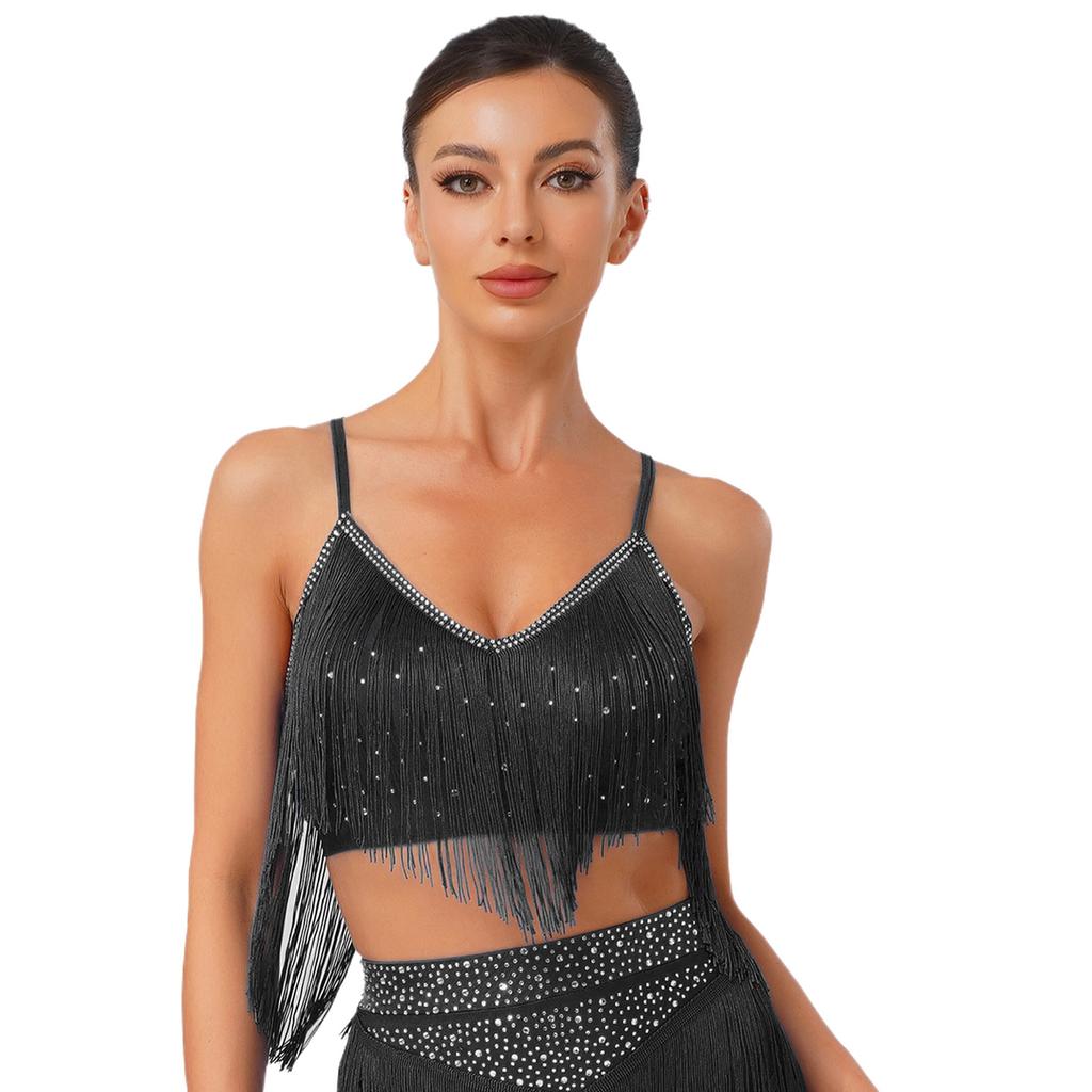 Womens Salsa Dance Top Latin Performance Wear V Neck Sleeveless Crop Top Crisscross Back Fringe Detail