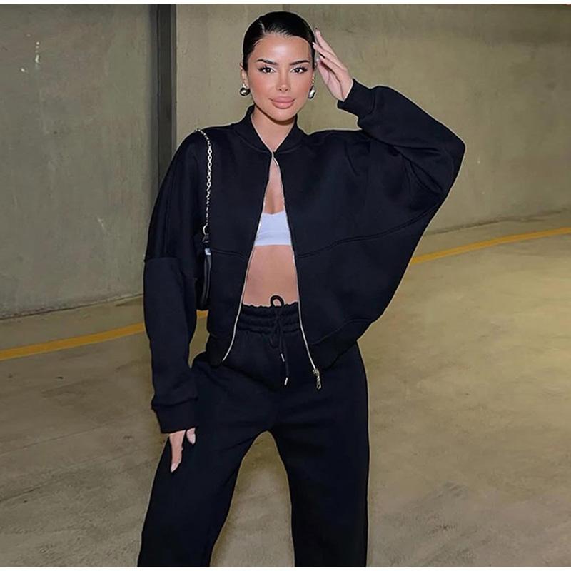 Повседневный комплект из толстовки на молнии и брюк, женская однотонная куртка-бомбер с круглым вырезом, свободные брюки со шнуровкой и высокой талией, весна-осень 2025, новые женские костюмы
