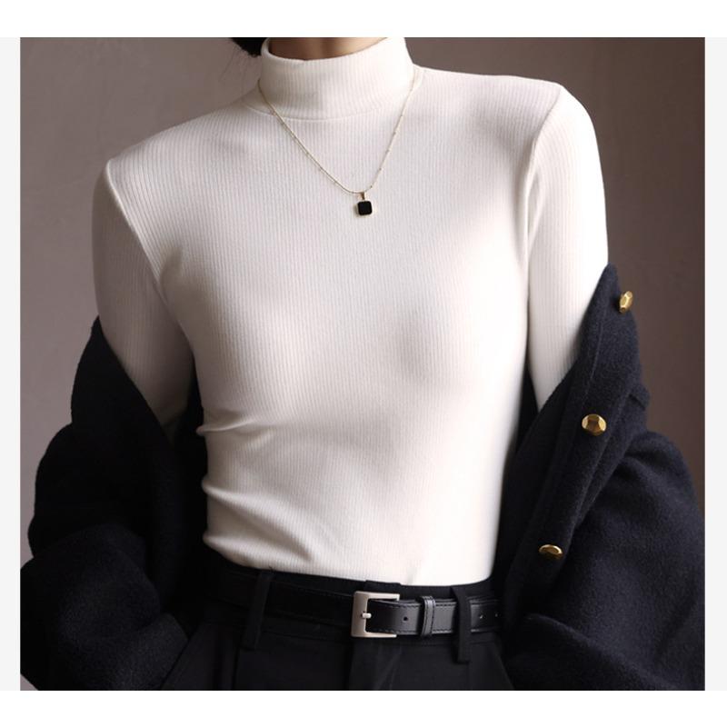 Осень Зима Высокий воротник Однотонный Пуловер Топ Женский Длинный рукав Повседневная Мода бархатный теплый Футболка