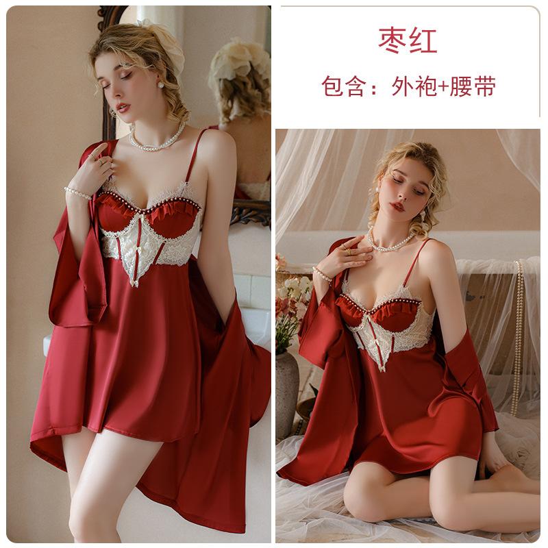 Women's Satin Lace Push Up Padded Sleep Dress with Robe Lounge Set