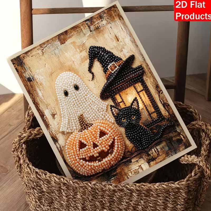 Halloween pearl painting art full pearl handmade diy home decorations featuring ghost pumpkin witch hat black cat lantern
