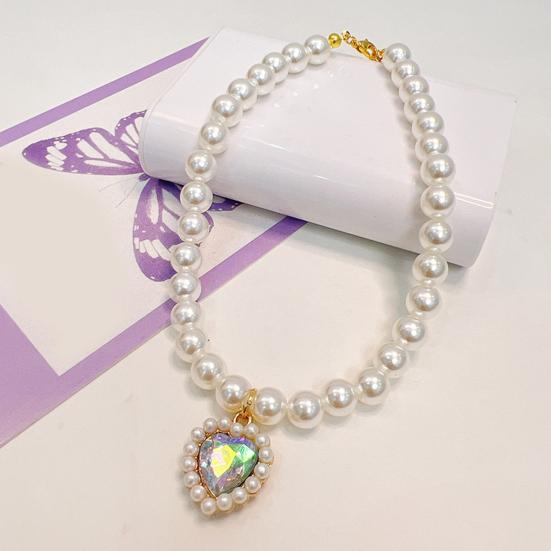 Pet Necklace Love Heart Fake Crystal Shiny Faux Pearls Adjustable Elegant Universal Cat Small Dog Puppy Collar Jewelry Pet Supplies