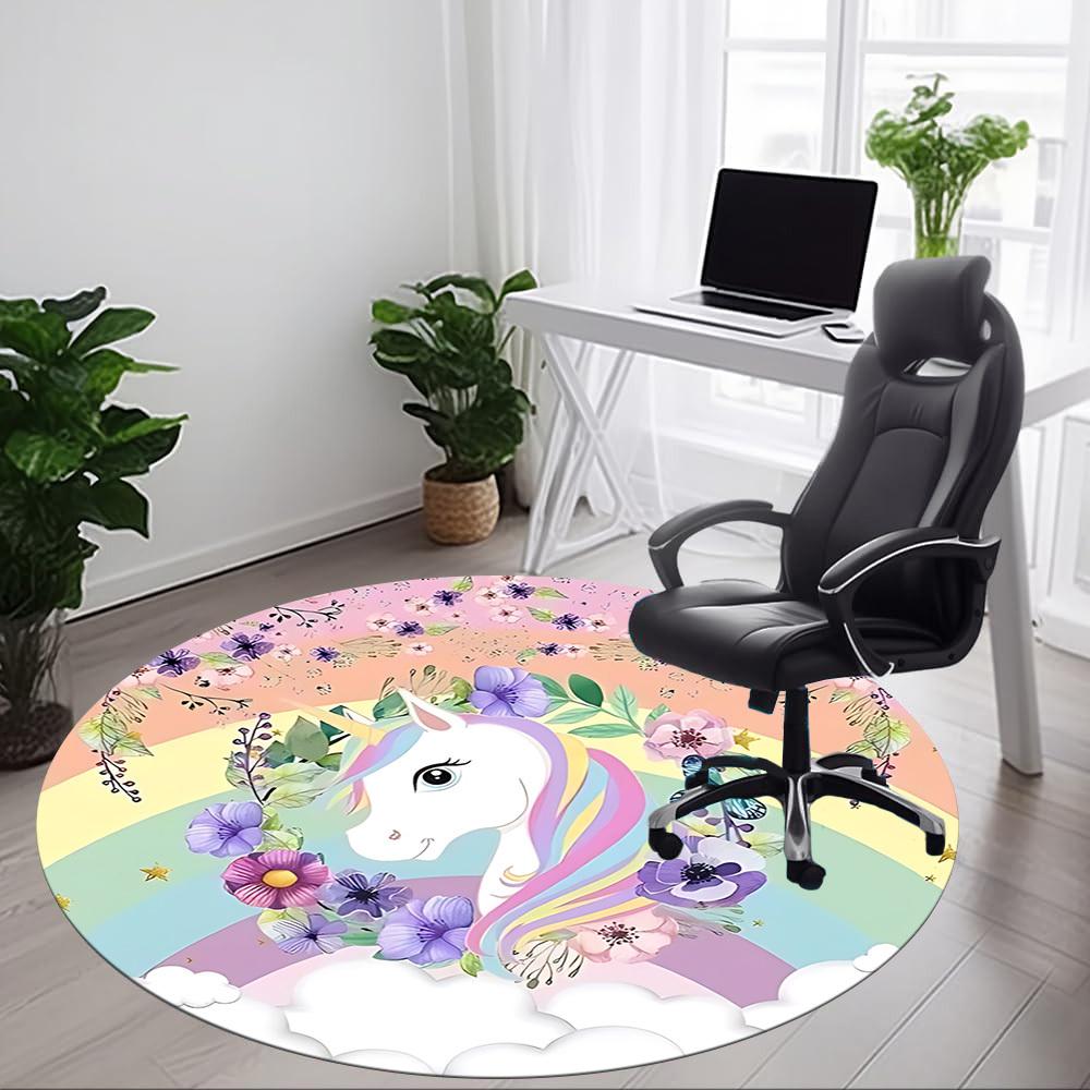 1pc Unicorn Rainbow Flowers Chair Carpet for Office, Round Polyester Mat, Indoor Decor for Office, Easycare Fabric, Washable Non-slip Area Carpet
