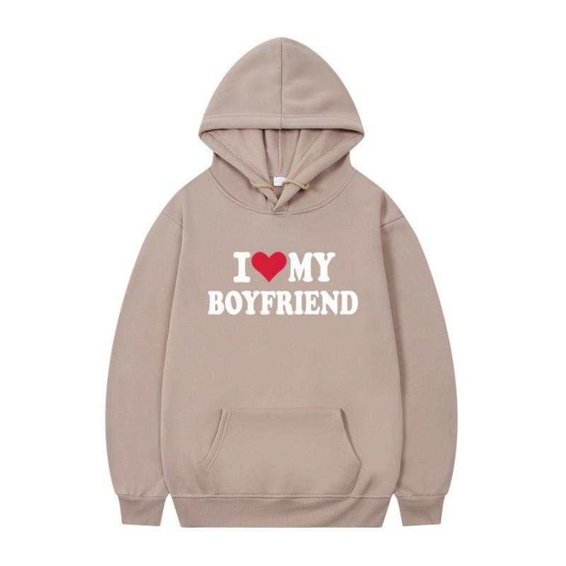 Mens Gothic Streetwear Hooded Sweatshirt With I LOVE MY BOYFRIEND Print Long Sleeve Loose Fit