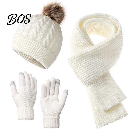 Cute Pom Hat for Women Winter Scarf Gloves Set, Knitted Warm Thermal Fashionable Cold Weather Clothing Sets Gloves, Solid Color Cozy Knit Accessories