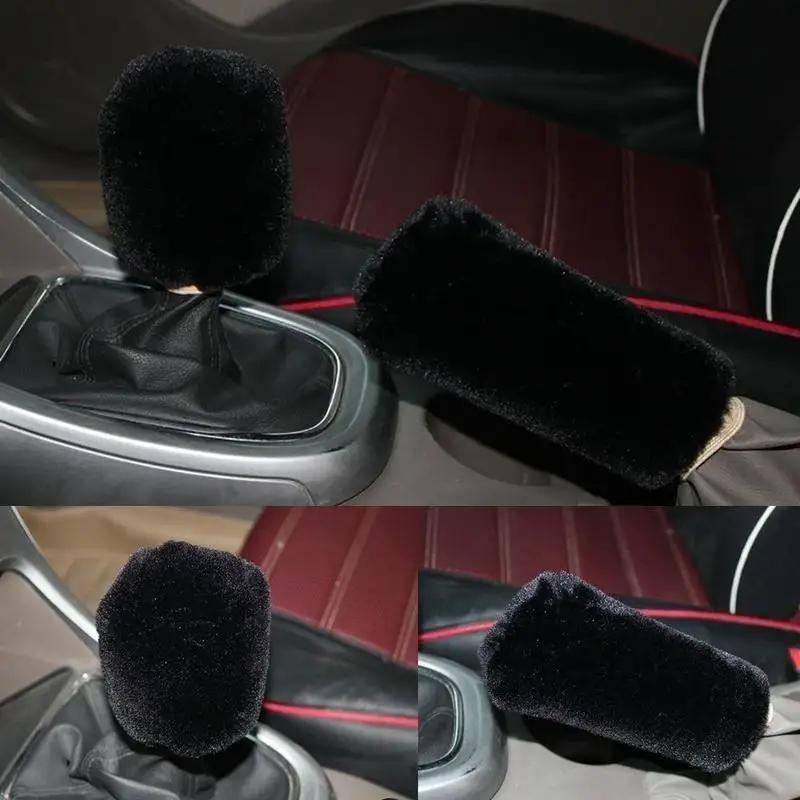 Solid Soft Warm Long Wool Fuzzy Steering Wheel Cover Handbrake Cover Gear Covers Car Accessory Sheep Fur Plush Protector Cover
