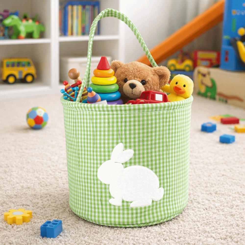 Embroidery Easter Rabbit Basket Plaid Easter Gift Basket Reusable Toys Storage Bag  Nursery Storage