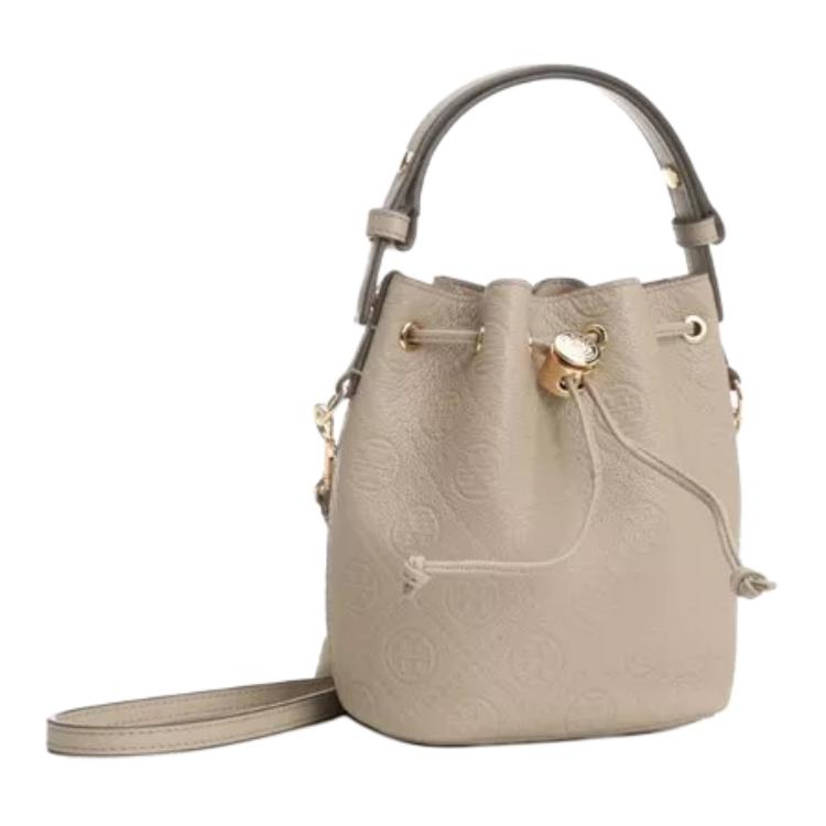 Tory Burch T Monogram Classic Logo Embossed Solid Color Bucket Bag Leather Mini Shoulder Tote Women bags Light-Beige 175526-200
