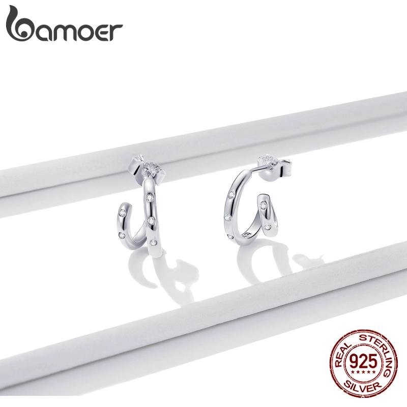 bamoer 925 Sterling Silver Zircon Simple Double Loop Base Earrings Stud for Original Design Women Wedding Fine Jewelry BSE494
