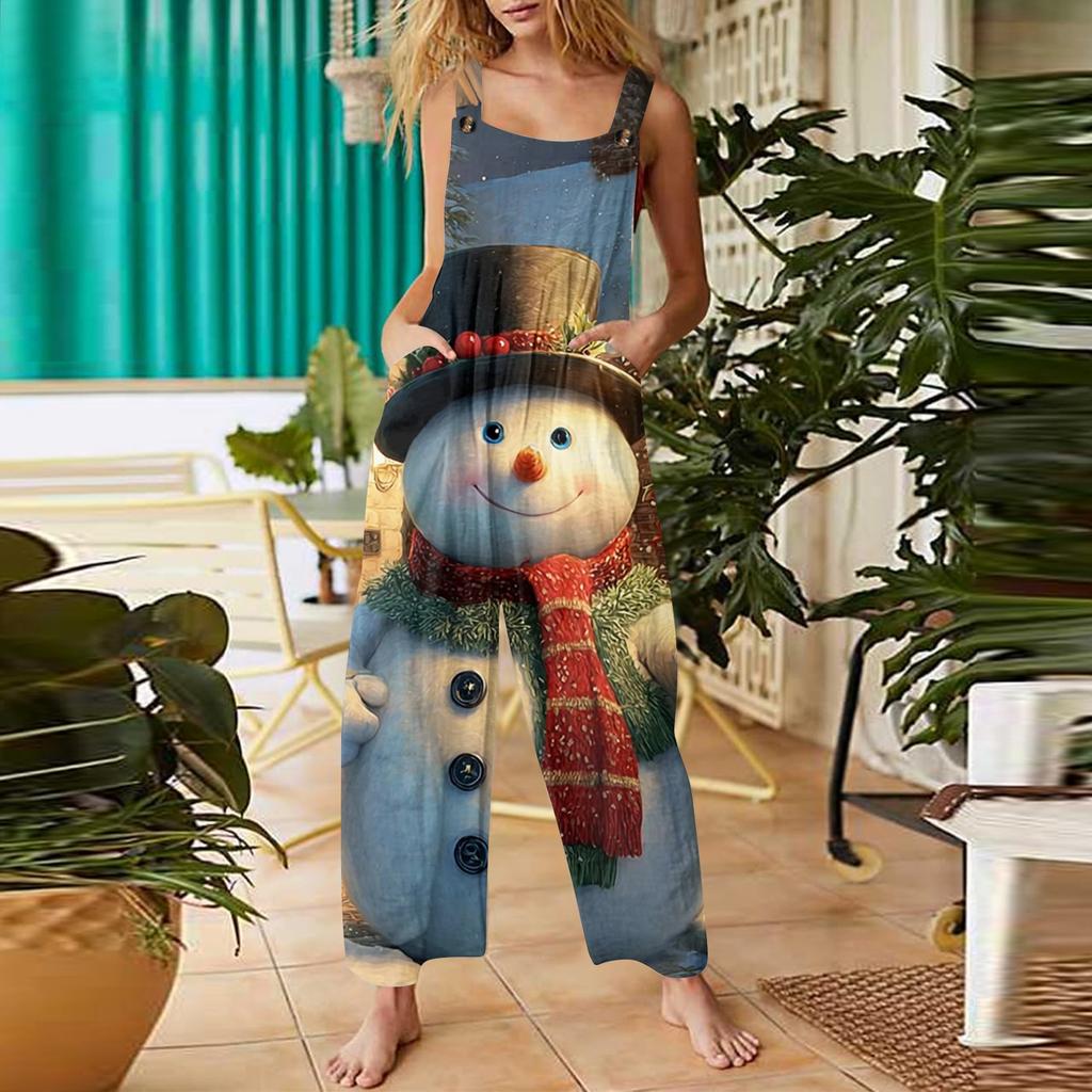 Женский повседневный комбинезон с рождественским принтом, хлопковый комбинезон без рукавов с принтом