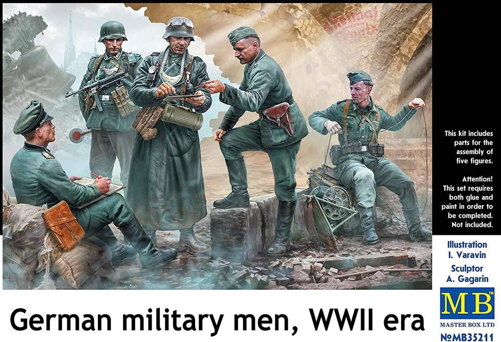 Master Box Немецкая армия Передовая связь Пластиковая модель с 2 полевыми жандармами, 3 генералами и щенком MB35211 1/35 Фигурки,
