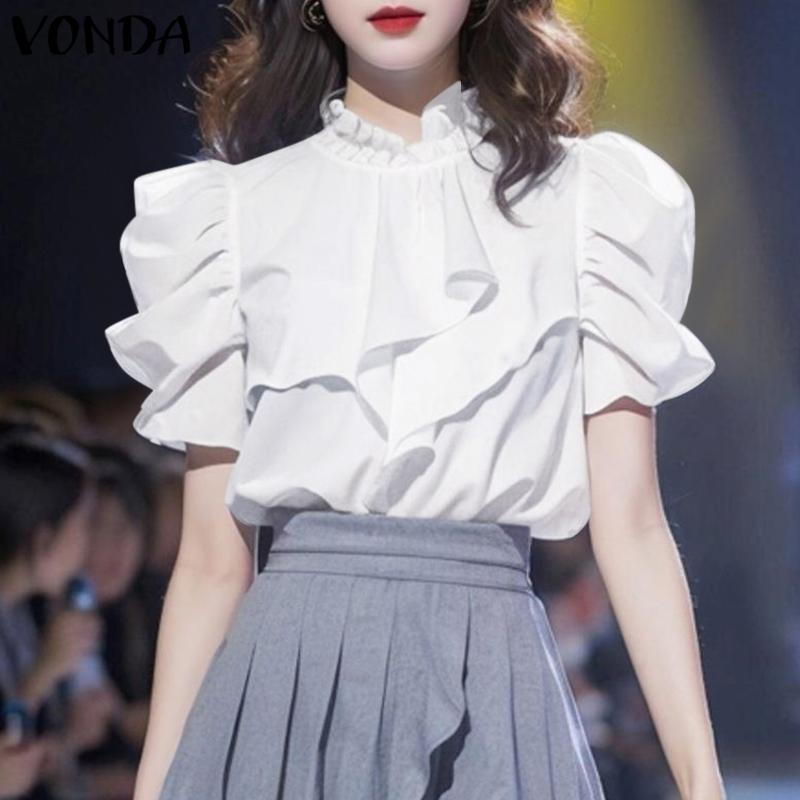 VONDA Женские летние однотонные блузки с воротником-стойкой и коротким рукавом с оборками