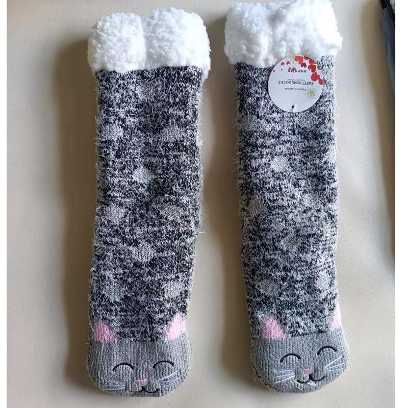 Womens Fuzzy Sock Cat Soft Female Winter Warm Thermal Plush Non Slip Grip Fluffy Slipper Socks Sleeping Thick Slouch Cute Kawai