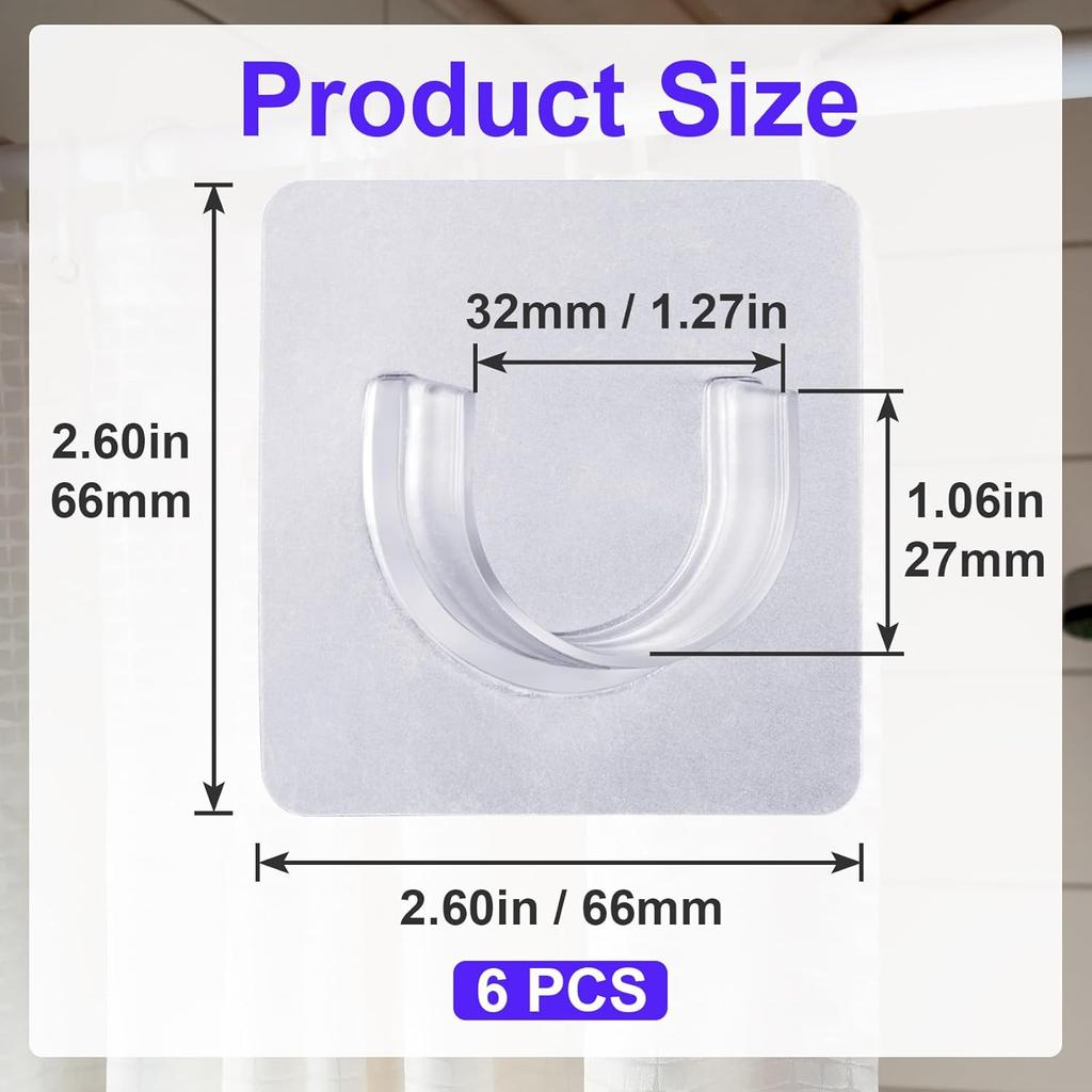 6pcs Self-Adhesive Shower Rod Holder, Clear Invisible Curtain Rod Bracket, No Drilling Wall Mount Tension Rod Retainer for Bathroom Kitchen Bedroom
